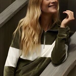 Outerknown Green and Ivory Women's Velour Quarter Zip M NWOT